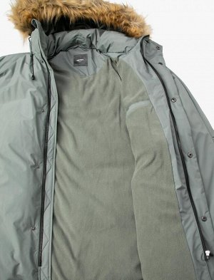Куртка-пуховик с капюшоном из искусственного меха, детальной молнией и кнопками