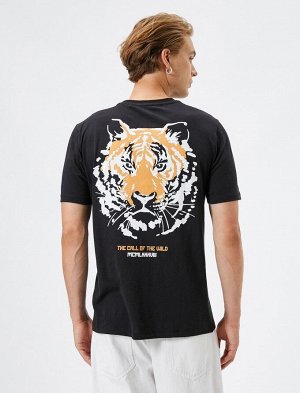 Хлопковая футболка с принтом на спине, тема тигра, круглый вырез