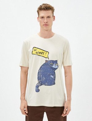 Хлопковая футболка с принтом кота и надписью с круглым вырезом и короткими рукавами