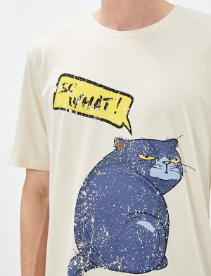 Хлопковая футболка с принтом кота и надписью с круглым вырезом и короткими рукавами