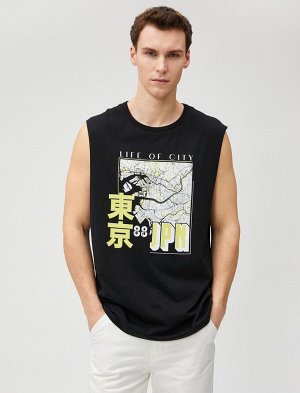 Хлопковая футболка без рукавов с принтом Дальнего Востока с круглым вырезом