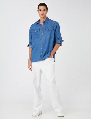 Хлопковая джинсовая рубашка с классическим воротником с карманами
