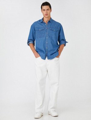 Хлопковая джинсовая рубашка с классическим воротником с карманами