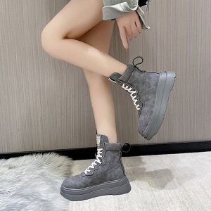 Женские ботинки на шнуровке, на толстой подошве, серый