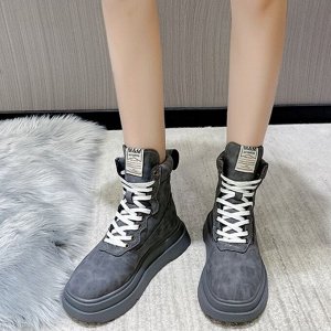 Женские ботинки на шнуровке, на толстой подошве, серый