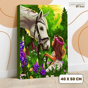 Картина по номерам на холсте с подрамником «Лошадка и девочка в поле» 40х50 см