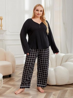 Пижама женская PLUS SIZE (лонгслив+штаны) с принтом