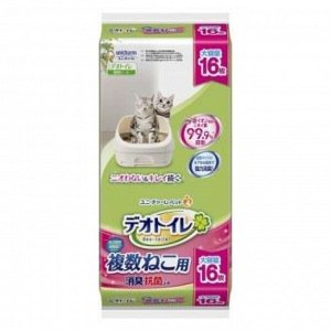 Unicharm DeoToilet Дезодорирующая антибактериальная салфетка для cистемных туалетов для кошек, 16шт