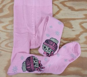 Колготки детские махровые с принтом цвет Розовый (кошка/снежинки)