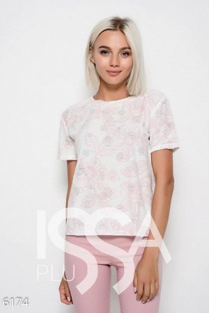 Белая трикотажная футболка с перфорацией и цветочным розовым принтом