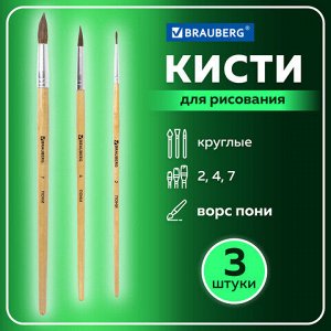 Кисти BRAUBERG, набор 3 шт. (пони, круглые № 2, 4, 7), блистер, 200220