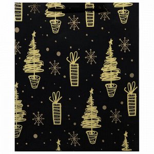 Пакет подарочный (1 штука) новогодний 26x13x32 см, ЗОЛОТАЯ СКАЗКА "Black&amp;Gold", фольга, чёрный, 608236