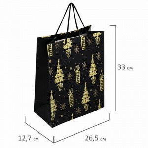 Пакет подарочный (1 штука) новогодний 26x13x32 см, ЗОЛОТАЯ СКАЗКА "Black&amp;Gold", фольга, чёрный, 608236