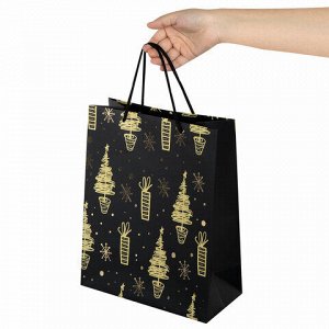Пакет подарочный (1 штука) новогодний 26x13x32 см, ЗОЛОТАЯ СКАЗКА "Black&amp;Gold", фольга, чёрный, 608236