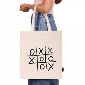 Сумка шоппер BRAUBERG PREMIUM, канвас, 40х35 см, на кнопке, карман, бежевый, "Tic-tac-toe", 271902