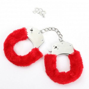 Металлические наручники с мехом, цвет красный
