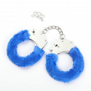 Металлические наручники с мехом, цвет синий