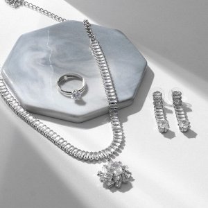 Набор 3 предмета: серьги, колье, кольцо «Изыск» цветок в геометрии, цвет белый в серебре