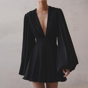 Женское платье с пышными рукавами, с v-образным вырезом, цвет черный