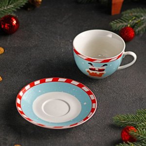 Чайная пара фарфоровая Доляна «Новый год. Дед Мороз», 2 предмета: чашка 250 мл, блюдце d=14 см