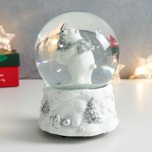 Сувенир полистоун водяной шар музыка "Белый мишка с ёлочкой и подарком" 11,5х11,5х14 см