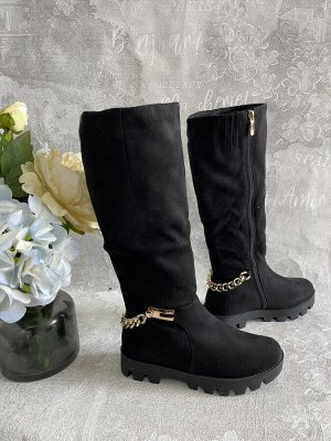 Сапоги зимние женские из экозамши с искусственным мехом на толстой подошве