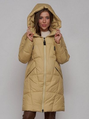 Пальто утепленное молодежное зимнее женское горчичного цвета 586826G