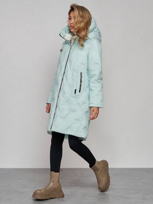 Пальто утепленное молодежное зимнее женское бирюзового цвета 59121Br