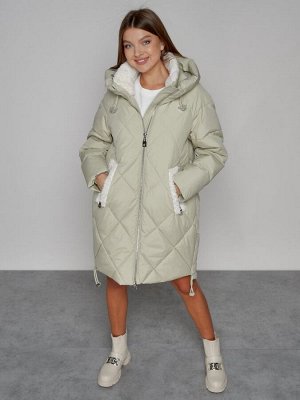 Пальто утепленное с капюшоном зимнее женское светло-зеленого цвета 51128ZS