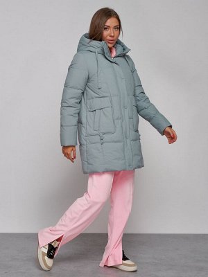 Зимняя женская куртка молодежная с капюшоном бирюзового цвета 586821Br