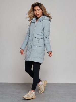 Зимняя женская куртка молодежная с капюшоном бирюзового цвета 586832Br