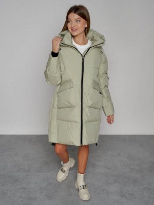 Пальто утепленное с капюшоном зимнее женское светло-зеленого цвета 51139ZS