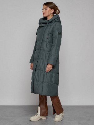 Пальто утепленное с капюшоном зимнее женское темно-зеленого цвета 13363TZ