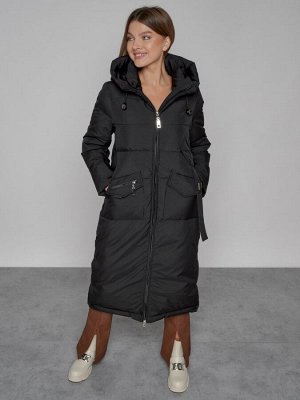 Пальто утепленное с капюшоном зимнее женское черного цвета 133159Ch