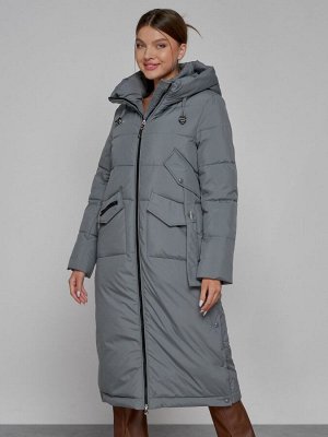 Пальто утепленное с капюшоном зимнее женское серого цвета 133159Sr