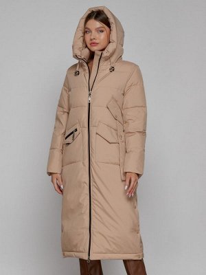 Пальто утепленное с капюшоном зимнее женское бежевого цвета 133159B