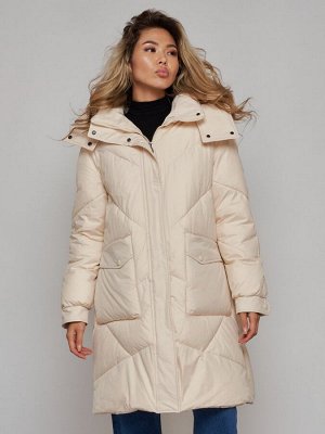 Пальто утепленное молодежное зимнее женское бежевого цвета 52321B