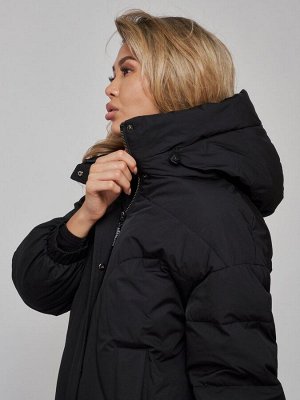 Пальто утепленное молодежное зимнее женское черного цвета 52323Ch