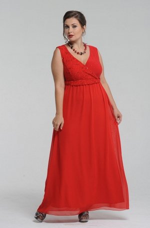 Красный Шикарное, длинное платье без рукавов, с вырезом горловины V-образной формы. Фасон модели со свободным силуэтом от груди, что отлично подходит для женщин любой комплекции. Нежная сетка в сочета
