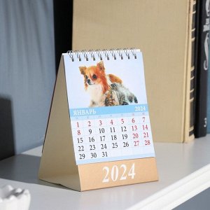 Календарь настольный, домик "Щенки и котята" 2024, 10х14 см