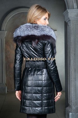 Кожаное зимнее пальто с мехом чернобурки