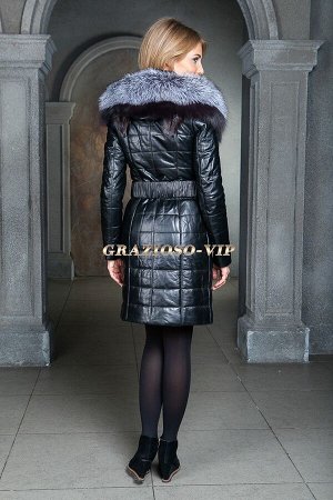 Кожаное зимнее пальто с мехом чернобурки