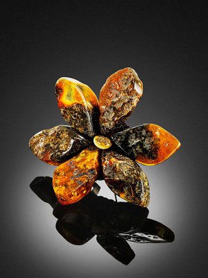 Красивая брошь в форме цветка из натурального текстурного янтаря «Помпеи»