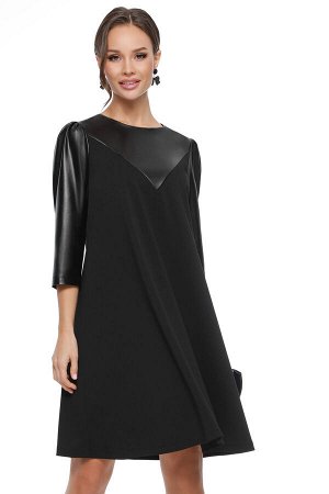 Платье черное с рукавами и кокеткой из экокожи