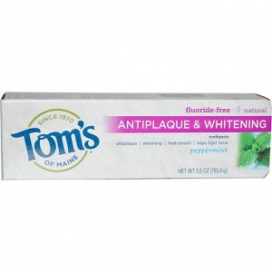 Toms of Maine, Зубная паста для удаления налета и отбеливания зубов со вкусом перечной мяты, без фтора, 5,5 унций (155,9 г)