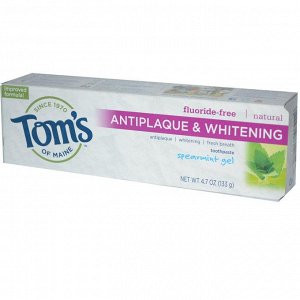 Toms of Maine, Антибактериальная отбеливающая зубная паста без фторида, мятный гель, 4.7 унций (133 г)
