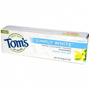 Toms of Maine, Simply White, отбеливающая зубная паста с фтором, гель со вкусом сладкой мяты, 4,7 унции (133,2 г)