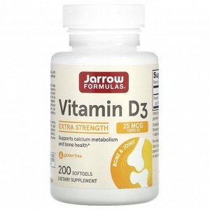 Jarrow Formulas, витамин D3, холекальциферол, 25 мкг (1000 МЕ), 200 мягких таблеток