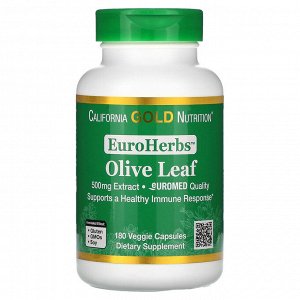 California Gold Nutrition, EuroHerbs, экстракт оливковых листьев, европейское качество, 500 мг, 180 растительных капсул