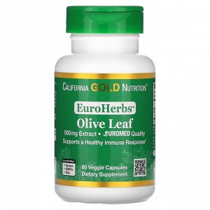 California Gold Nutrition, EuroHerbs, экстракт листьев оливкового дерева, европейское качество, 500 мг, 60 растительных капсул